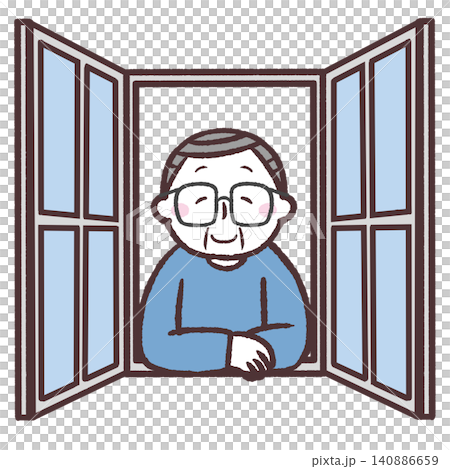 Illustration of a senior man opening a window Illustration of a senior man opening a window 140886659