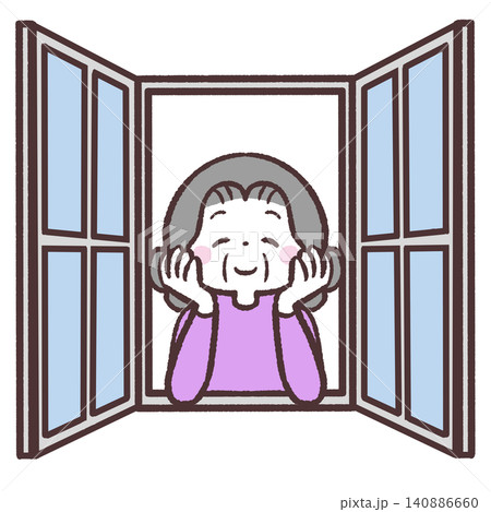 窓を開けるシニア女性のイラスト 窓を開けるシニア女性のイラスト 140886660