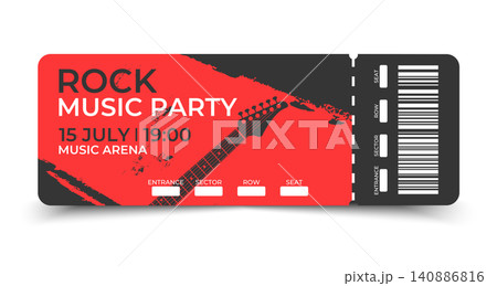 Ticket template design for Rock music party. Music event coupon with guitar silhouette and grunge texture. Vector illustration Ticket template design for Rock music party. Music event coupon with guitar silhouette and grunge texture. Vector illustration 140886816
