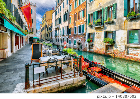 Remarkable cityscape of Venice with narrow canals, boats and gondolas and bridges with traditional buildings. Remarkable cityscape of Venice with narrow canals, boats and gondolas and bridges with traditional buildings. 140887602