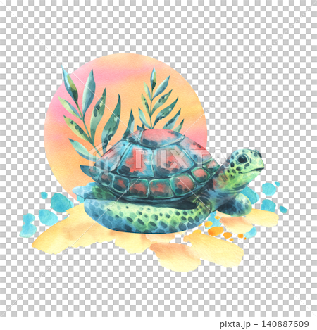 Watercolor turtle illustration on tropical beach. Hand drawn sea animal with palm leaf and sunset background. Bright summer ocean wildlife art for greeting card and stationery design. 140887609