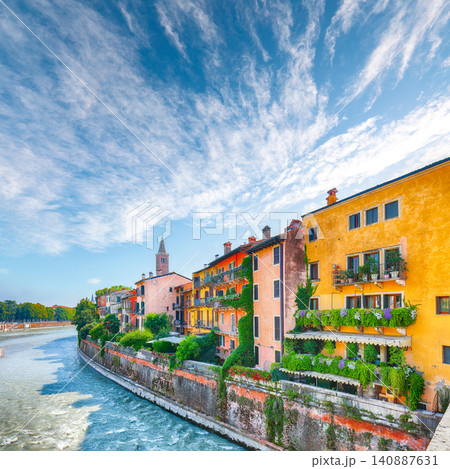 Gorgeous View of Verona cityscape view on the riverside with historical buildings ,bridges and towers Gorgeous View of Verona cityscape view on the riverside with historical buildings ,bridges and towers 140887631