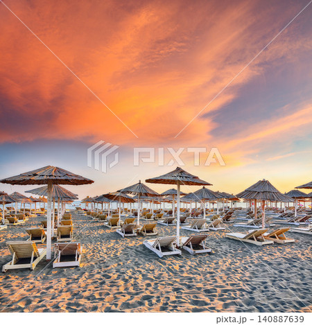 Amazing Sun umbrellas and deckchairs on the Copacabana beach, part of Great Beach (Velika Plaza) in Ulcinj. Amazing Sun umbrellas and deckchairs on the Copacabana beach, part of Great Beach (Velika Plaza) in Ulcinj. 140887639