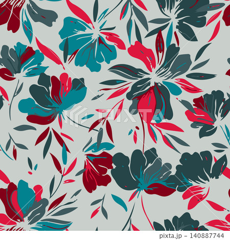 Modern botanical seamless pattern featuring expressive painterly blossoms and leaves in teal, red and crimson. Perfect for resort wear textiles. Modern botanical seamless pattern featuring expressive painterly blossoms and leaves in teal, red and crimson. Perfect for resort wear textiles. 140887744