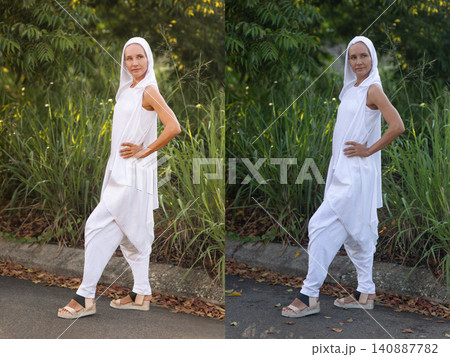 Before and After Retouch Comparison of Fashion Woman in Park with Clothing Pleats Correction Before and After Retouch Comparison of Fashion Woman in Park with Clothing Pleats Correction 140887782