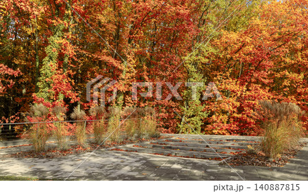 A stunning display of fall foliage in a city square park, featuring trees in brilliant shades of orange, red, and yellow, complemented by stone stairs and decorative plants A stunning display of fall foliage in a city square park, featuring trees in brilliant shades of orange, red, and yellow, complemented by stone stairs and decorative plants 140887815