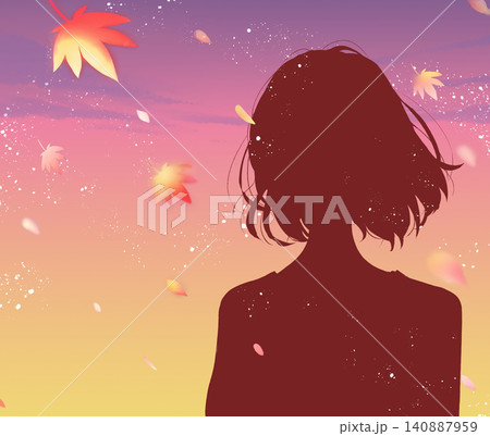 女性 バストアップ シルエット 夕暮れ 紅葉 女性 バストアップ シルエット 夕暮れ 紅葉 140887959