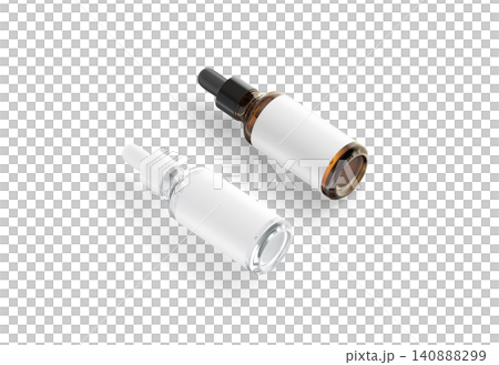 Blank transparent and amber glass dropper bottle white label mockup png, transparent background, 3d rendering. Empty pipette beauty ampule with care pharmacy mock up cut out. Clear essential package. Blank transparent and amber glass dropper bottle white label mockup png, transparent background, 3d rendering. Empty pipette beauty ampule with care pharmacy mock up cut out. Clear essential package. 140888299