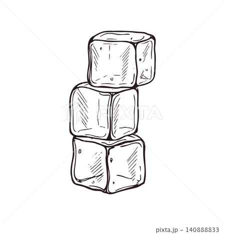 Stack of ice cubes for cooling drink vector isolated illustration. Hand drawn frozen water block line art black ink sketch. Refreshing beverage ingredient, bar element for cocktail or lemonade design 140888833