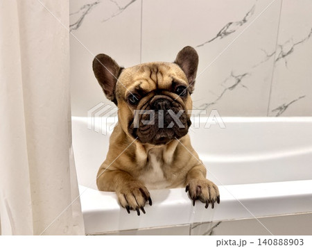 a French bulldog breed dog of fawn color dirty is in the bathroom to wash his paws after a walk a French bulldog breed dog of fawn color dirty is in the bathroom to wash his paws after a walk 140888903