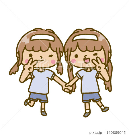 白のハチマキをして、ポーズをとっている仲良しな女の子。 白のハチマキをして、ポーズをとっている仲良しな女の子。 140889045