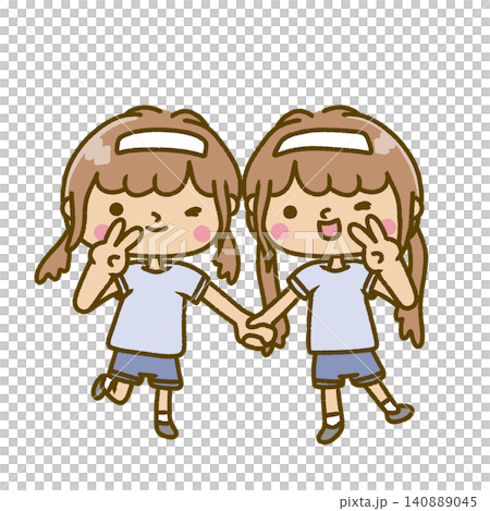 白のハチマキをして、ポーズをとっている仲良しな女の子。 白のハチマキをして、ポーズをとっている仲良しな女の子。 140889045