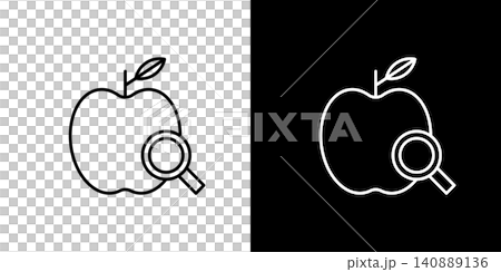 農作物の検査のアイコン。りんごと虫眼鏡。モノクロベクターイラストセット 農作物の検査のアイコン。りんごと虫眼鏡。モノクロベクターイラストセット 140889136