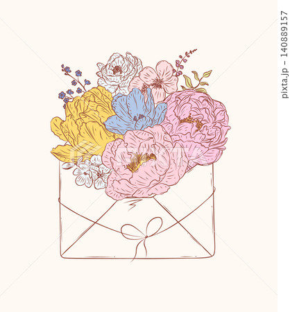 Envelope made with different flowers drawing in floral style on beige background Envelope made with different flowers drawing in floral style on beige background 140889157