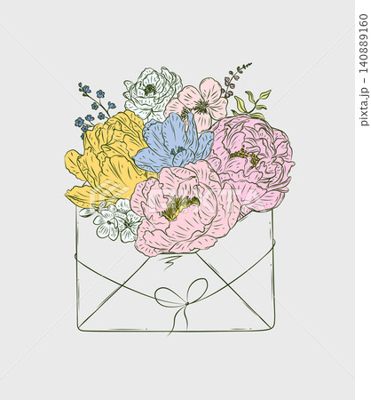 Envelope made with different flowers drawing in floral style with green on light background Envelope made with different flowers drawing in floral style with green on light background 140889160