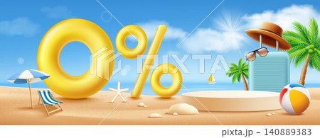 Summer sale holiday podium display, Zero percent number and 0% special offer, luggage and coconut trees Summer sale holiday podium display, Zero percent number and 0% special offer, luggage and coconut trees 140889383