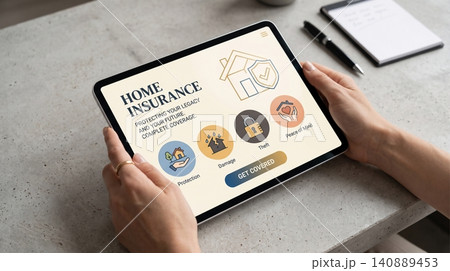 Person using tablet to review home insurance coverage options online for financial security and property protection planning in a professional setting 140889453