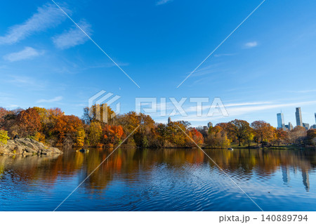 Central Park Lake in autumn with people rowing boat. Central Park on sunny autumn day change colors. Autumn landscape. Fall nature. Rowboat on a small lake at the Central Park 140889794