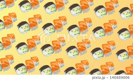 Food pattern of tasty pieces sushi on yellow orange gradient Food pattern of tasty pieces sushi on yellow orange gradient 140889806