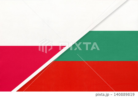 Poland and Bulgaria national flags on fabric background, international partnership and cooperation between two countries Poland and Bulgaria national flags on fabric background, international partnership and cooperation between two countries 140889819