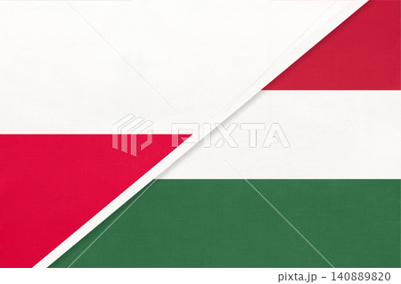 Poland and Hungary national flags on fabric background, international partnership and cooperation between two countries Poland and Hungary national flags on fabric background, international partnership and cooperation between two countries 140889820