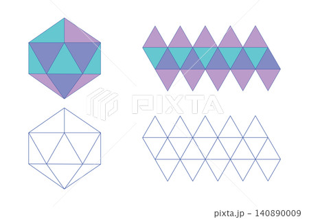 Development of a regular icosahedron or coloring book for children. Regular convex polyhedra. Platonic body of equilateral triangles. 20 faces, 30 edges, 12 tops or vertices, vector isolated on white Development of a regular icosahedron or coloring book for children. Regular convex polyhedra. Platonic body of equilateral triangles. 20 faces, 30 edges, 12 tops or vertices, vector isolated on white 140890009