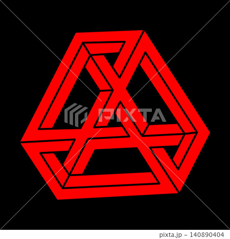 Impossible shape. Modern logo. Sacred geometry. Optical illusion figures. Abstract eternal geometric object. Impossible endless outline shapes. Op art. Impossible geometry shape on a black background. 140890404