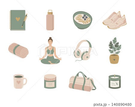 Healthy Habits and Wellness Routine Elements Set Healthy Habits and Wellness Routine Elements Set 140890480