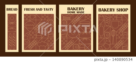 Bread and Pastries Geometric Banners Collection. Hand drawn illustration of bakery. Abstract geometric line background. Bread icons with simple shapes for Label, cover, price tag, background. Bread and Pastries Geometric Banners Collection. Hand drawn illustration of bakery. Abstract geometric line background. Bread icons with simple shapes for Label, cover, price tag, background. 140890534