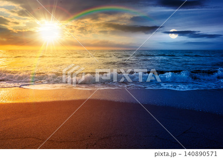 black sea landscape on summer solstice. day meet night. sun and moon over bulgaria nature landscape with sandy beach. vacation at the sea shore concept. waves and empty beach. remote astrology scene 140890571