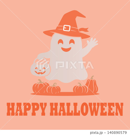 Happy halloween greeting banner with cute ghost wearing witch hat and pumpkins on orange background 140890579