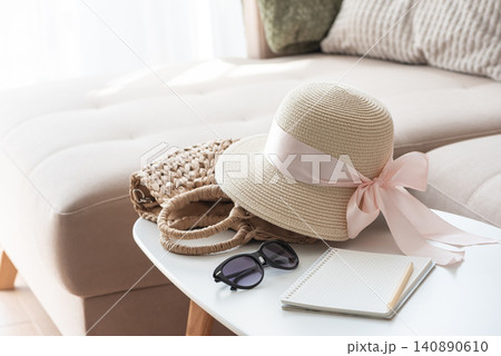 Summer vacation planning with a straw hat and sunglasses Summer vacation planning with a straw hat and sunglasses 140890610