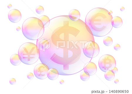 Currency bubbles of fiat money, visual metaphor for economic and financial bubbles. Currency signs of dollar, euro, pound sterling, yen or yuan, and also bitcoin, in the center of some bubbles. Vector Currency bubbles of fiat money, visual metaphor for economic and financial bubbles. Currency signs of dollar, euro, pound sterling, yen or yuan, and also bitcoin, in the center of some bubbles. Vector 140890650
