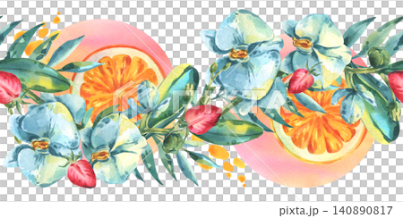 Watercolor border of tropical flowers, orange slice and strawberry. Hand drawn summer botanical illustration with exotic plant and fruit. Decorative seamless pattern for festive design. Watercolor border of tropical flowers, orange slice and strawberry. Hand drawn summer botanical illustration with exotic plant and fruit. Decorative seamless pattern for festive design. 140890817
