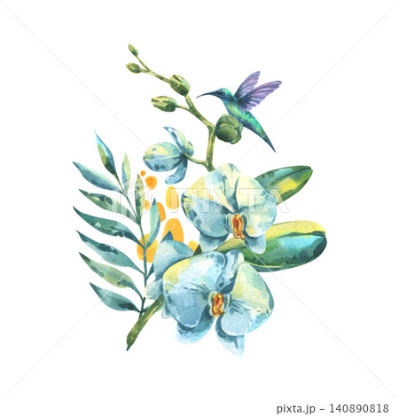 Watercolor illustration of blue orchid and hummingbird. Tropical floral botanical painting for summer design. Exotic jungle flower with bird for print and invitation card decoration. 140890818