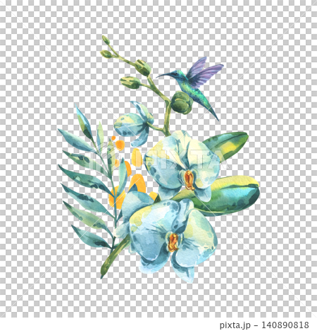 Watercolor illustration of blue orchid and hummingbird. Tropical floral botanical painting for summer design. Exotic jungle flower with bird for print and invitation card decoration. 140890818