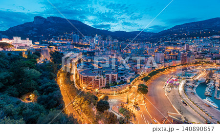 Panorama of Monte Carlo day to night timelapse from the observation deck in the village of Monaco near Port Hercules 140890857