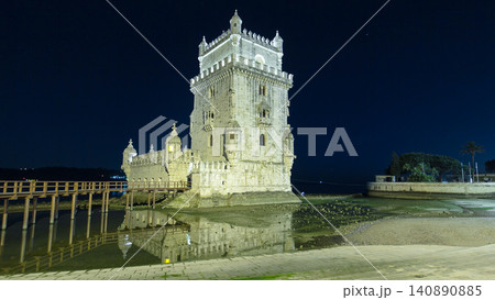 Belem Tower on Tagus River night timelapse hyperlapse. Lisbon, Portugal. Belem Tower on Tagus River night timelapse hyperlapse. Lisbon, Portugal. 140890885