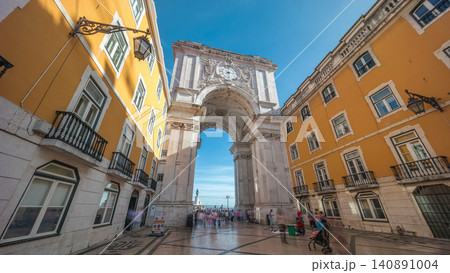 Rua Augusta Arch timelapse hyperlapse on Praca do Comercio. Lisbon, Portugal, Europe. 140891004