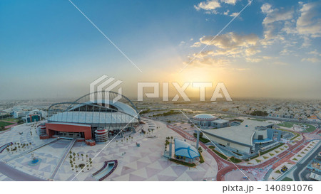 Aerial view of Aspire Zone stadium from at sunrise timelapse in Doha Aerial view of Aspire Zone stadium from at sunrise timelapse in Doha 140891076