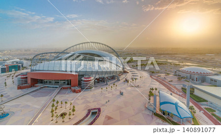 Aerial view of Aspire Zone stadium from at sunrise timelapse in Doha 140891077