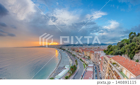 Sunset over Nice city and Mediterranean Sea aerial timelapse Sunset over Nice city and Mediterranean Sea aerial timelapse 140891115
