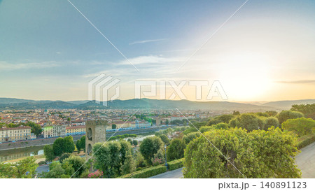 Sunrise top view of Florence city timelapse with arno river bridges and historical buildings Sunrise top view of Florence city timelapse with arno river bridges and historical buildings 140891123