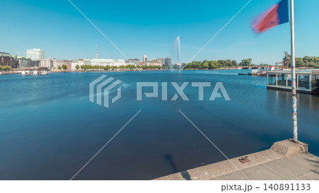 Panorama showing Binnenalster timelapse in Hamburg, Germany, with boat station. Panorama showing Binnenalster timelapse in Hamburg, Germany, with boat station. 140891133