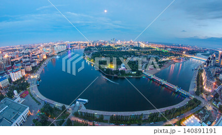 Elevated view over the city center with river and park and central business district day to night Timelapse, Kazakhstan, Astana Elevated view over the city center with river and park and central business district day to night Timelapse, Kazakhstan, Astana 140891191
