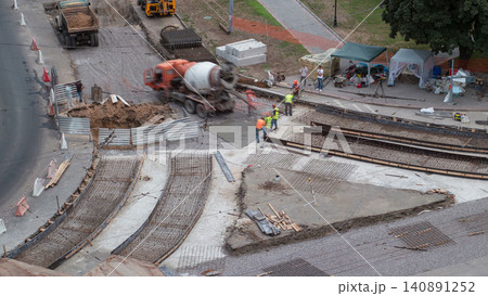 Road construction site with tram tracks repair and maintenance aerial timelapse. 140891252