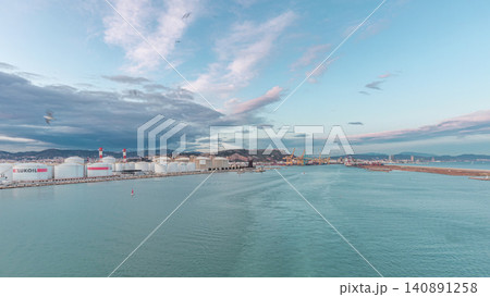 Aerial view of sea with waves and port from ship sailing in the open sea timelapse Aerial view of sea with waves and port from ship sailing in the open sea timelapse 140891258