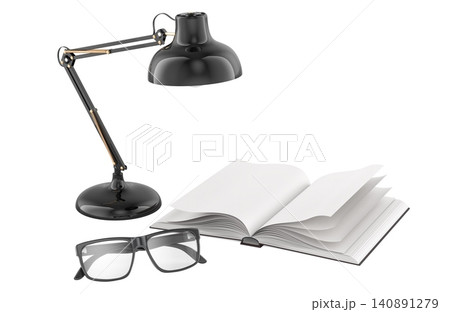 Open book with desk lamp and eyeglasses. 3D rendering Open book with desk lamp and eyeglasses. 3D rendering 140891279
