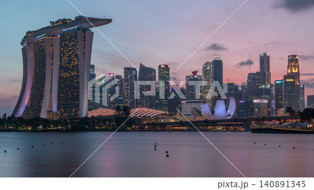 Downtown skyline of Singapore as viewed from across the water from The Garden East day to night timelapse. Singapore. Downtown skyline of Singapore as viewed from across the water from The Garden East day to night timelapse. Singapore. 140891345
