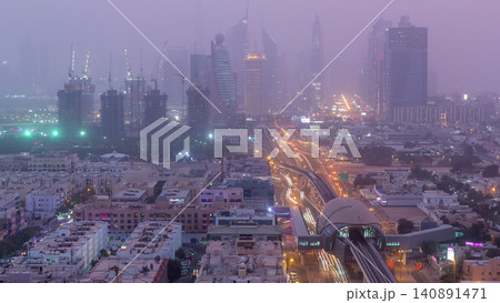 Dubai cityscape during sand storm day to night timelapse Dubai cityscape during sand storm day to night timelapse 140891471